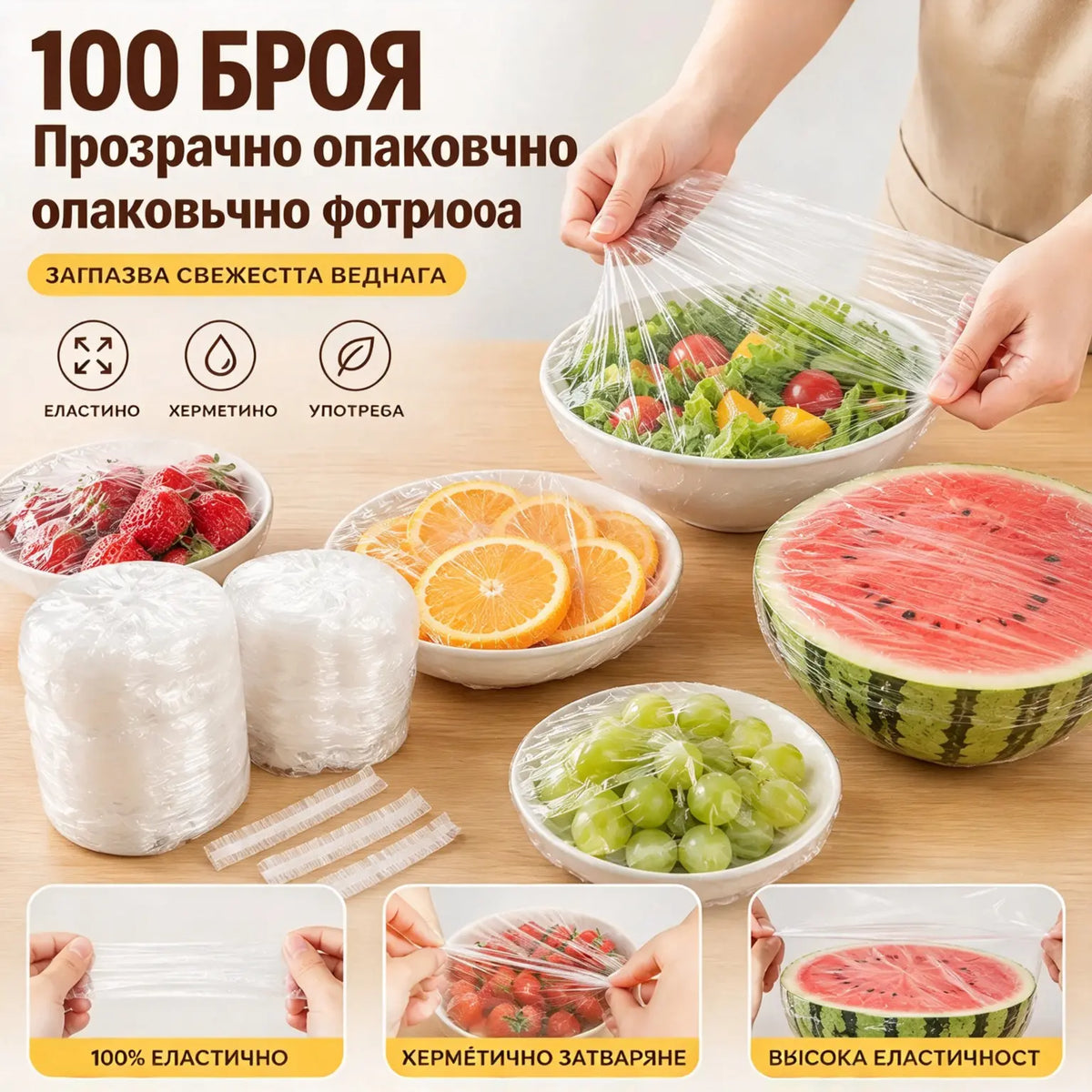 【200 броя】Прозрачно фолио за еднократна употреба, идеално за съдове и храни. Прилепва перфектно, осигурява добро запечатване и е лесно за употреба.