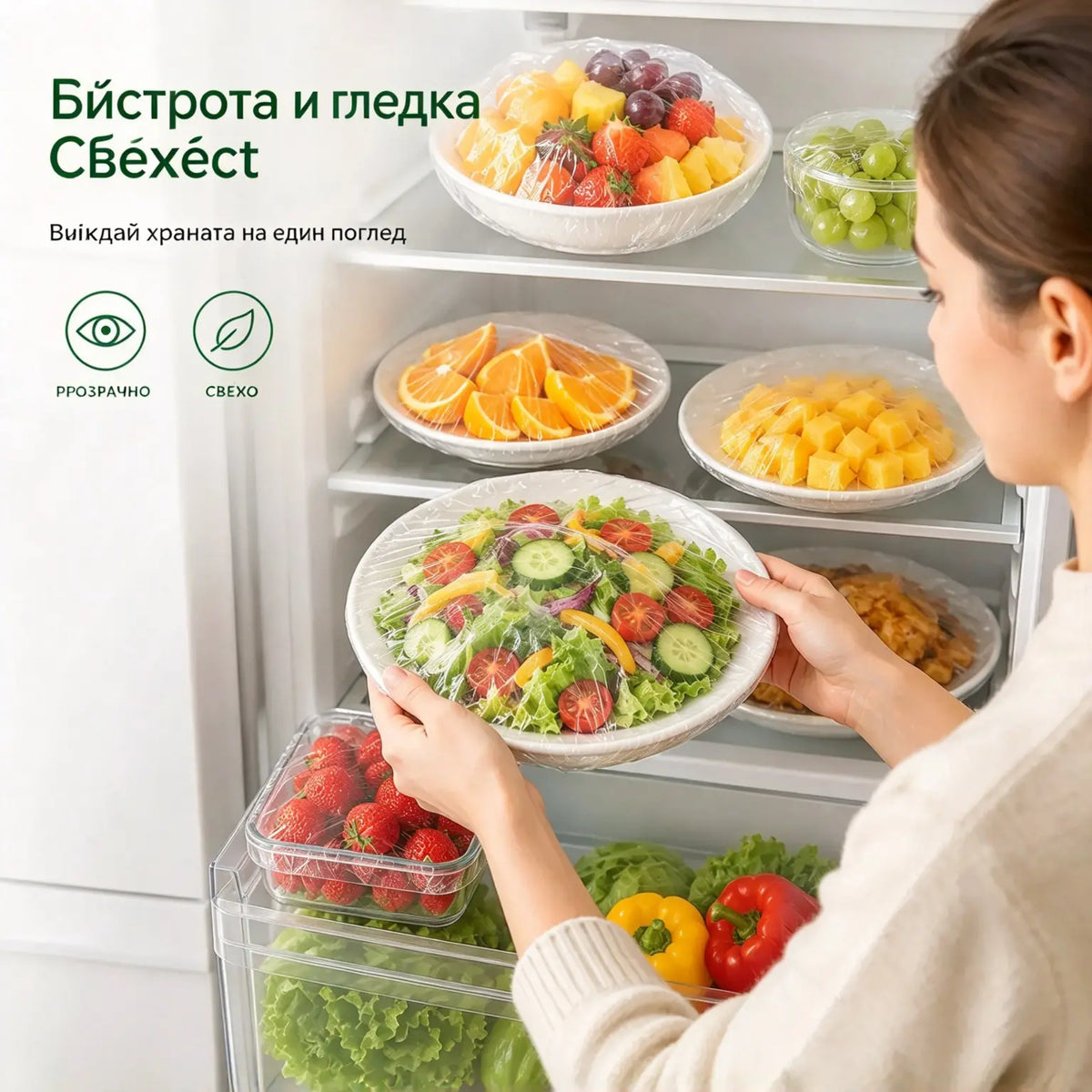 【200 броя】Прозрачно фолио за еднократна употреба, идеално за съдове и храни. Прилепва перфектно, осигурява добро запечатване и е лесно за употреба.